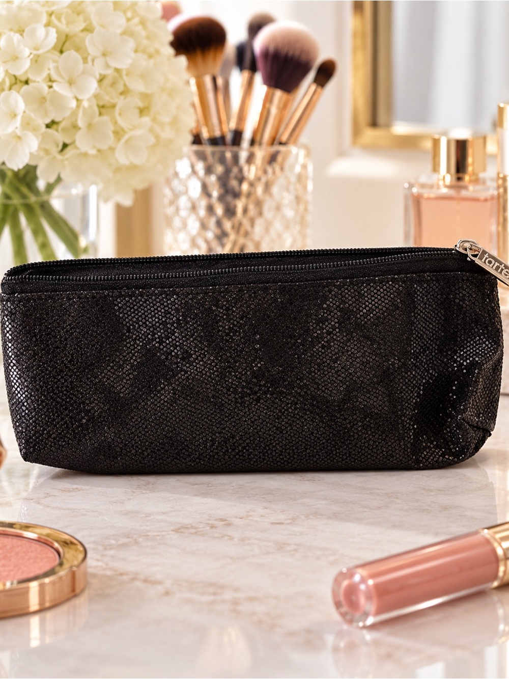TARTE Cosmetic Bag Black Textured Zip Top Makeup Toiletry Travel Case NWOT